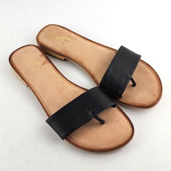 Seychelles Weekenders City Slicker Black Tan Leather Flat Thong Sandal Size 8 - Picture 2 of 12